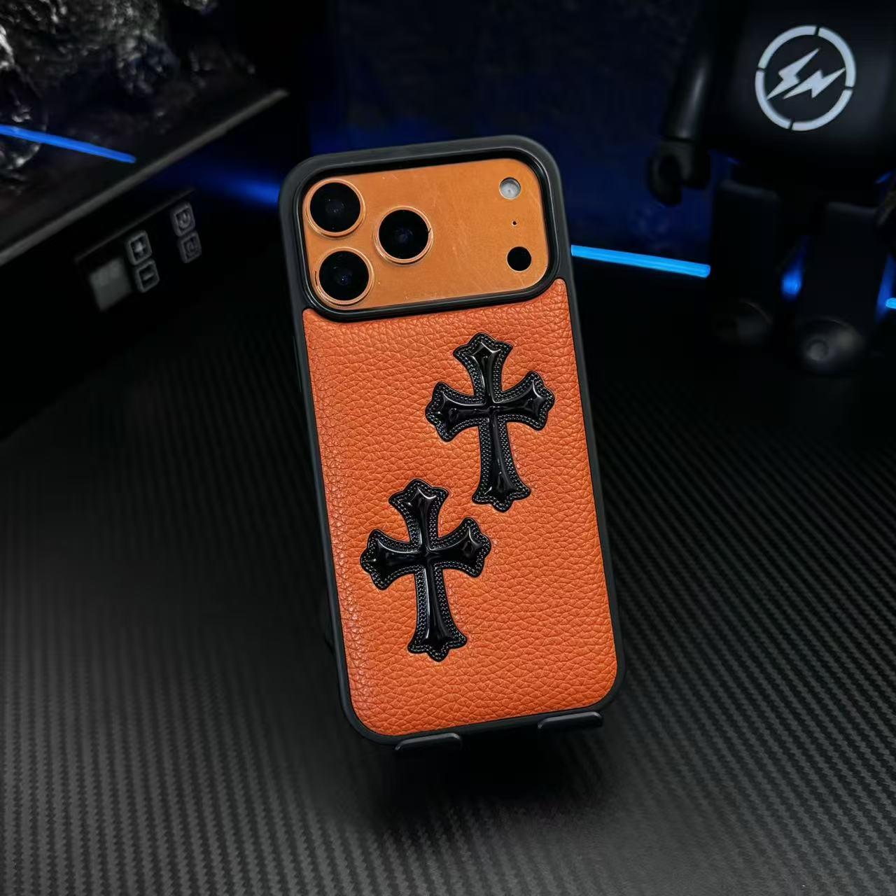 Caja del teléfono con textura de cuero en relieve cruzado 3D - Cubierta protectora a prueba de golpes