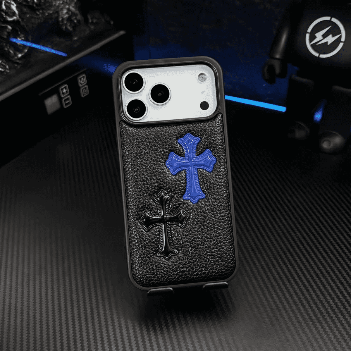 Caja del teléfono con textura de cuero en relieve cruzado 3D - Cubierta protectora a prueba de golpes