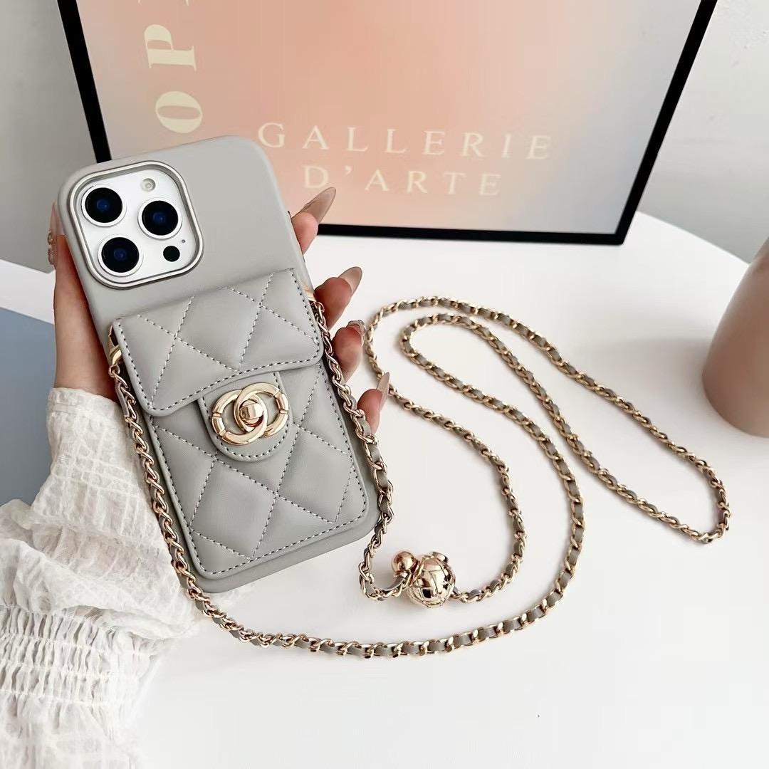 Capa acolchoada crossbody para iPhone com alça de corrente & Bolso para cartão