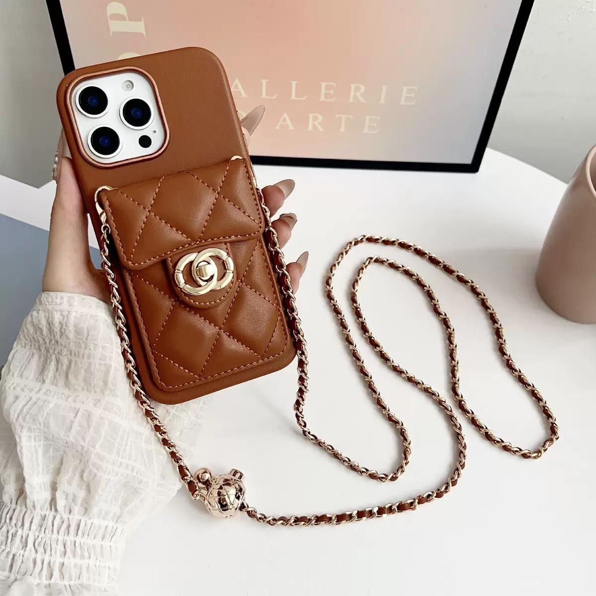 Capa acolchoada crossbody para iPhone com alça de corrente & Bolso para cartão