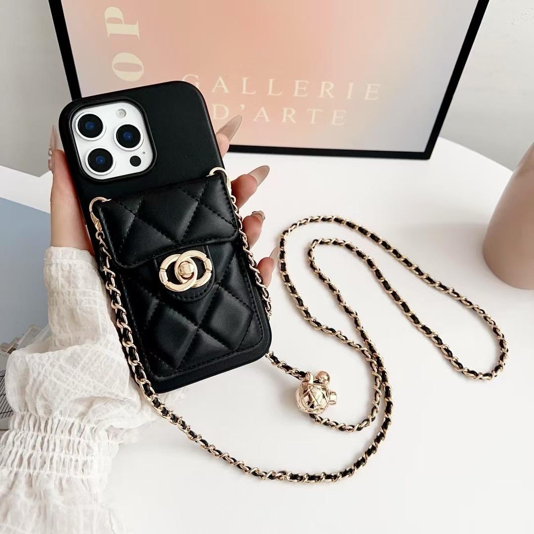 Capa acolchoada crossbody para iPhone com alça de corrente & Bolso para cartão