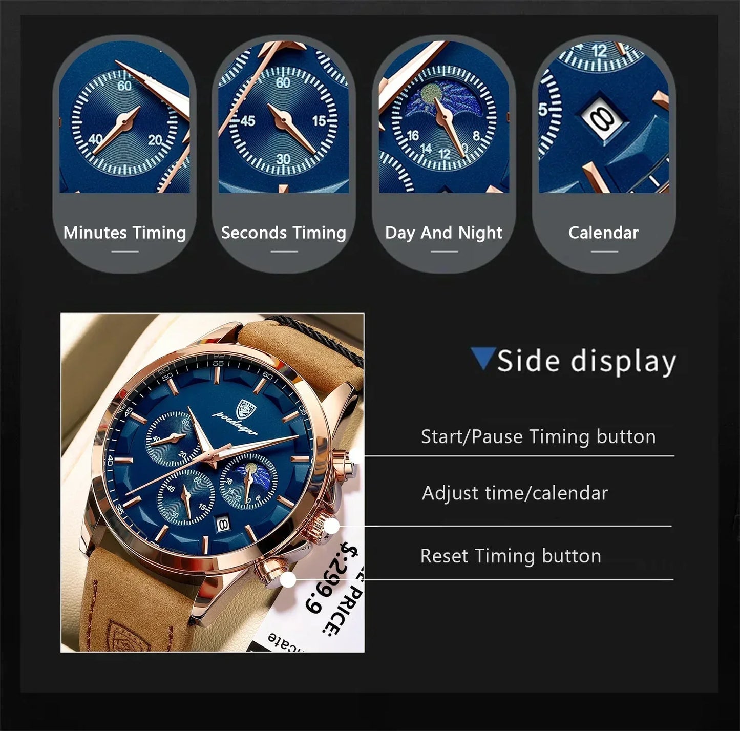 Poedagar ChronoLuxe Sport – Luxe chronograaf quartzhorloge