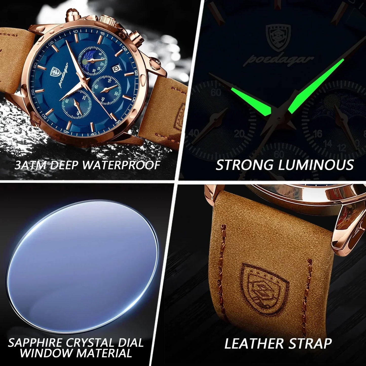 Poedagar ChronoLuxe Sport – Luxe chronograaf quartzhorloge
