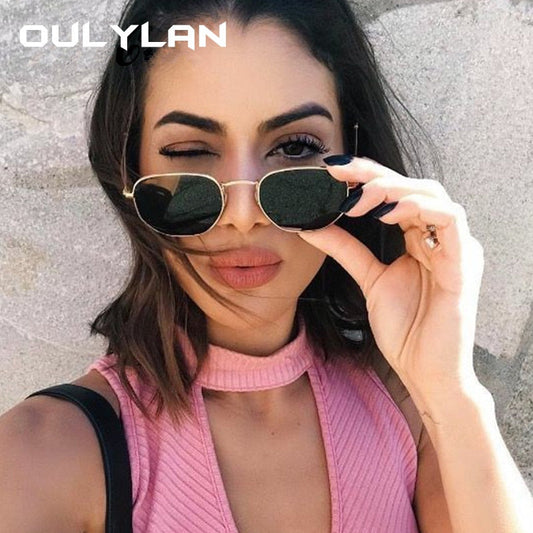 Oulylan ヴィンテージ多角形サングラス女性男性ブランドメタルフレームサングラスレディース UV400 女性の高級多角形サングラス男性