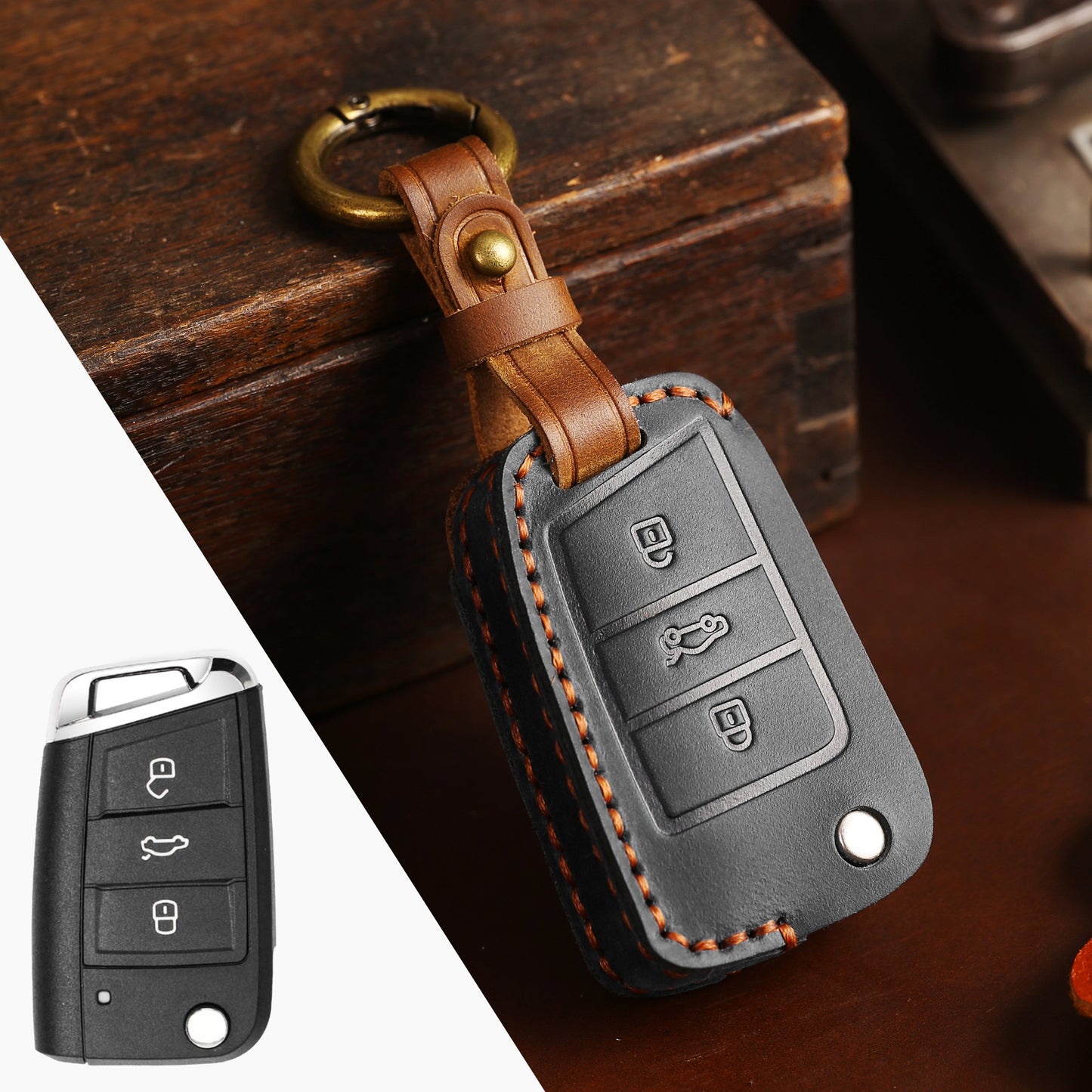 Estuche para llaves Volkswagen de cuero de primera calidad
