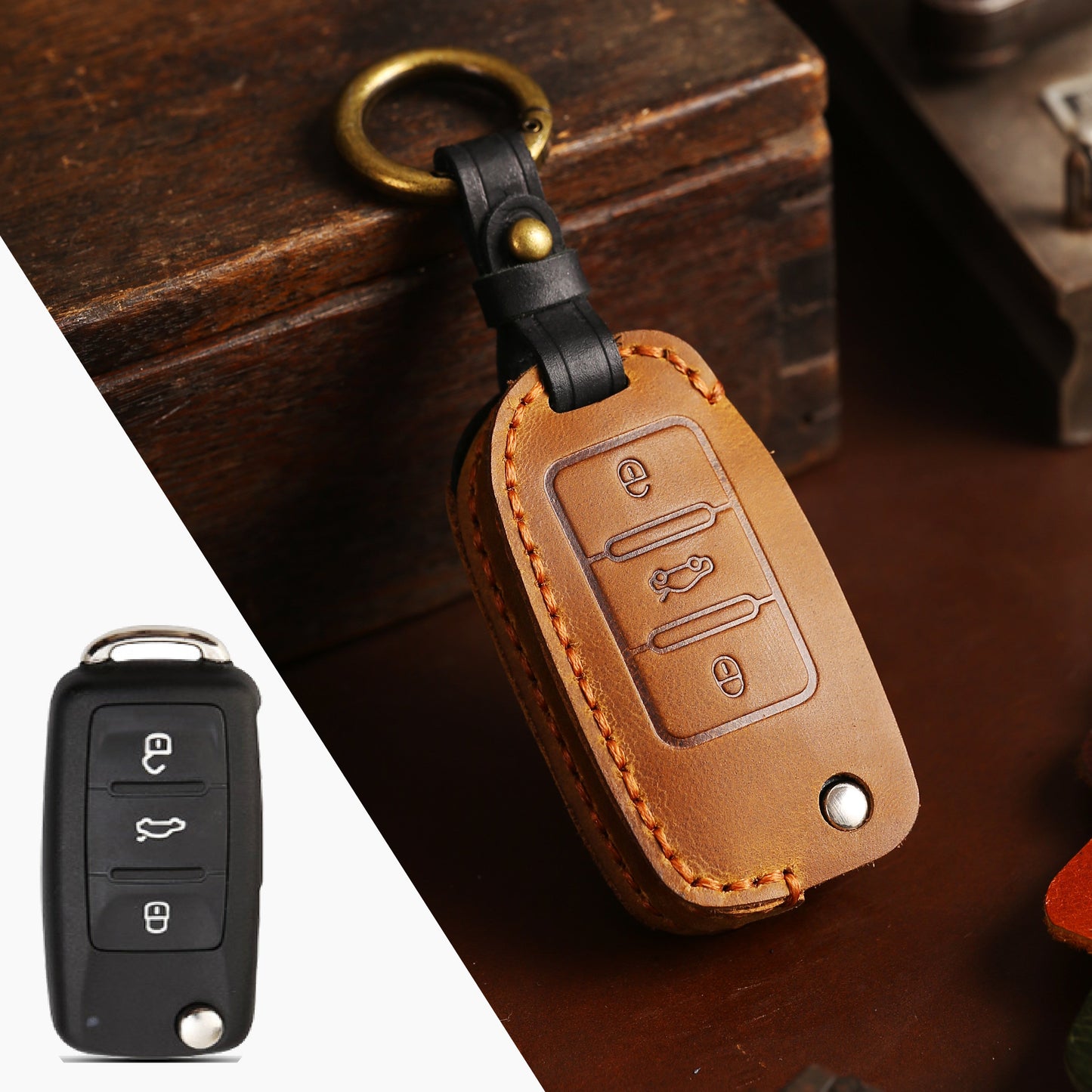 Estuche para llaves Volkswagen de cuero de primera calidad